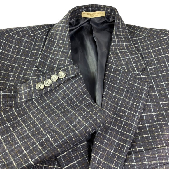 TravelSmith Blazer Mens 40R Navy Blue Silk Bamboo Windowpane Sport Coat Blazer